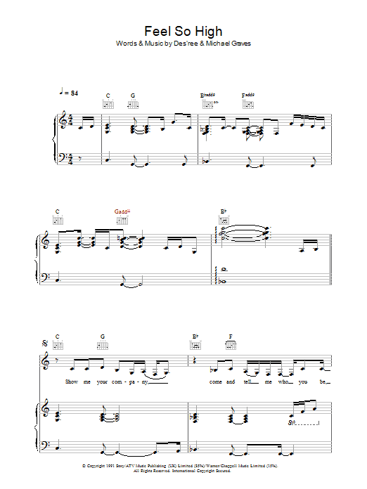 Learn to play Des'ree Feel So High sheet music for Piano, Vocal & Guitar Chords in minutes. Price: 7.8900$ Des'ree Feel So High sheet music notes and chords arranged for Piano, Vocal & Guitar Chords