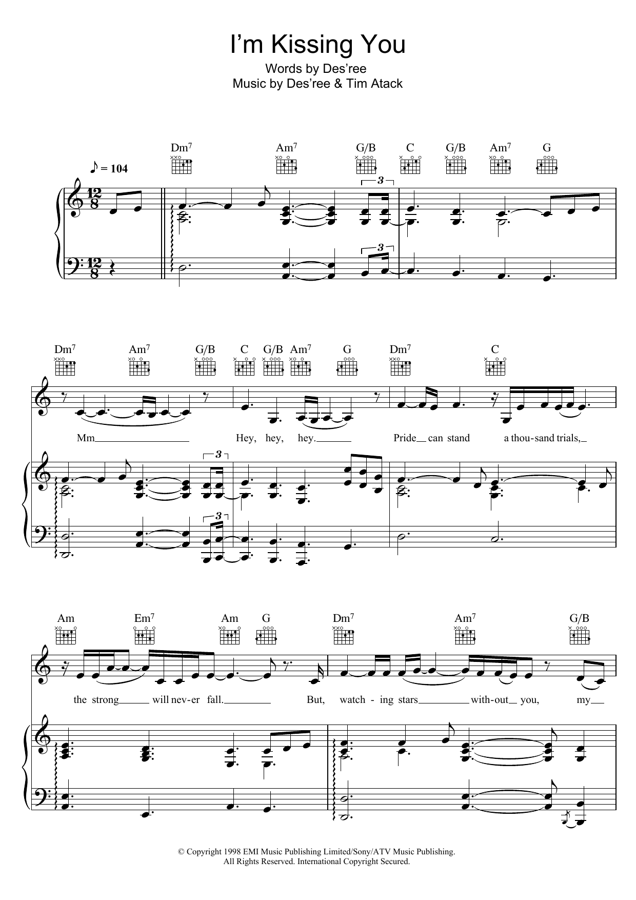 Des'ree I'm Kissing You sheet music notes and chords. Download Printable PDF.