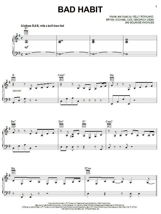 Learn to play Destiny's Child Bad Habit sheet music for Piano, Vocal & Guitar Chords (Right-Hand Melody) in minutes. Price: 7.8900$ Destiny's Child Bad Habit sheet music notes and chords arranged for Piano, Vocal & Guitar Chords (Right-Hand Melody)