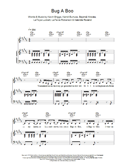 Learn to play Destiny's Child Bug A Boo sheet music for Piano, Vocal & Guitar Chords in minutes. Price: 7.8900$ Destiny's Child Bug A Boo sheet music notes and chords arranged for Piano, Vocal & Guitar Chords