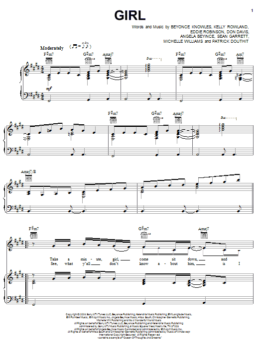 Learn to play Destiny's Child Girl sheet music for Piano, Vocal & Guitar Chords (Right-Hand Melody) in minutes. Price: 7.8900$ Destiny's Child Girl sheet music notes and chords arranged for Piano, Vocal & Guitar Chords (Right-Hand Melody)
