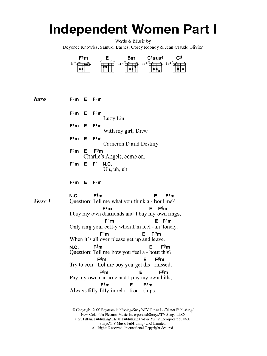 Destiny's Child Independent Women Part I sheet music notes and chords arranged for Piano, Vocal & Guitar Chords