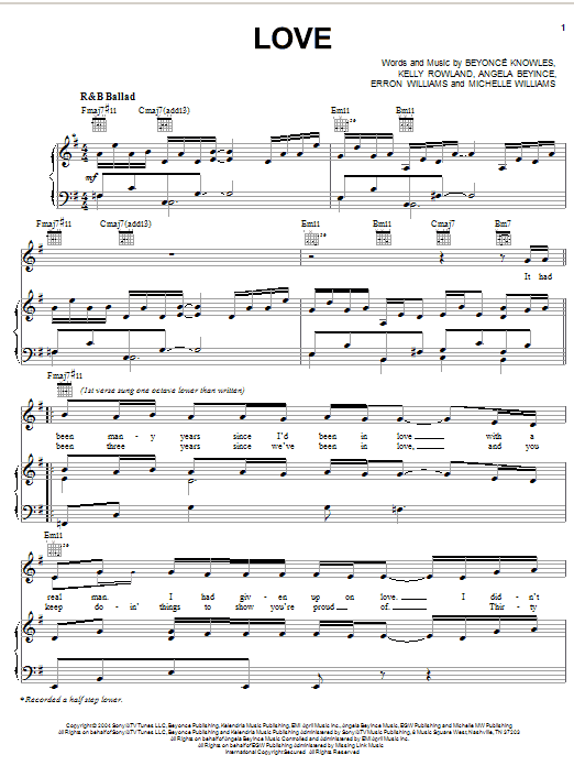 Learn to play Destiny's Child Love sheet music for Piano, Vocal & Guitar Chords (Right-Hand Melody) in minutes. Price: 7.8900$ Destiny's Child Love sheet music notes and chords arranged for Piano, Vocal & Guitar Chords (Right-Hand Melody)