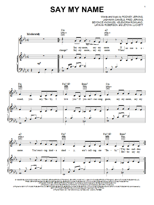 Destiny's Child Say My Name sheet music notes and chords arranged for Piano, Vocal & Guitar Chords