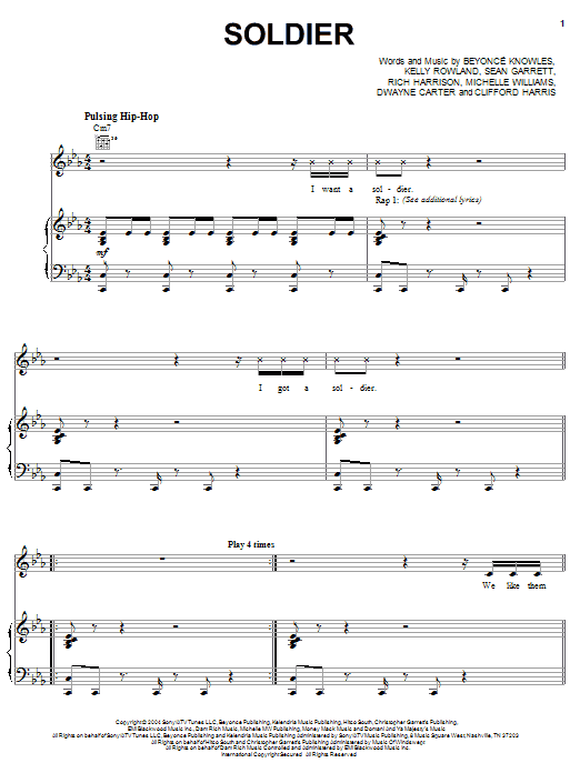 Learn to play Destiny's Child Soldier sheet music for Piano, Vocal & Guitar Chords (Right-Hand Melody) in minutes. Price: 7.8900$ Destiny's Child Soldier sheet music notes and chords arranged for Piano, Vocal & Guitar Chords (Right-Hand Melody)