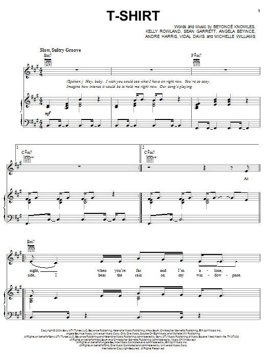 Learn to play Destiny's Child T-Shirt sheet music for Piano, Vocal & Guitar Chords (Right-Hand Melody) in minutes. Price: 7.8900$ Destiny's Child T-Shirt sheet music notes and chords arranged for Piano, Vocal & Guitar Chords (Right-Hand Melody)