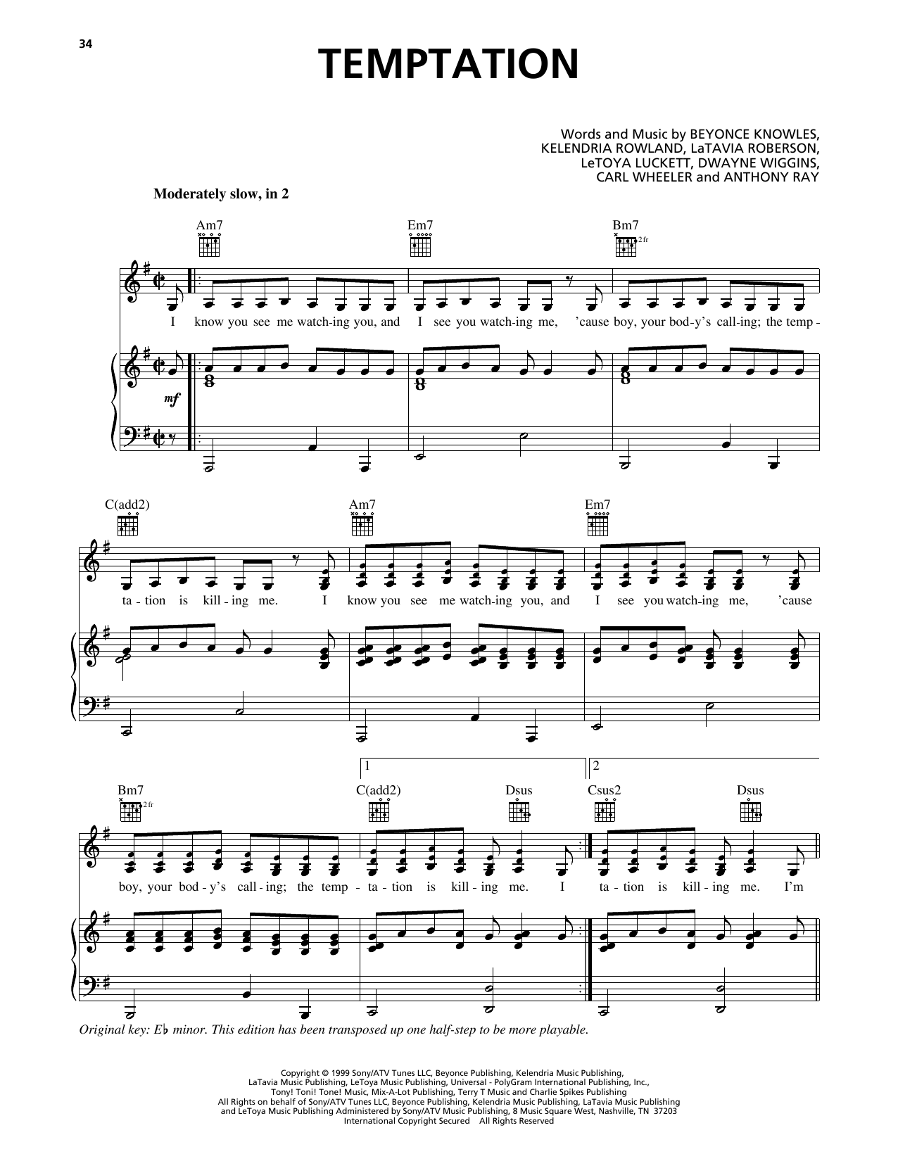 Learn to play Destiny's Child Temptation sheet music for Piano, Vocal & Guitar Chords (Right-Hand Melody) in minutes. Price: 7.8900$ Destiny's Child Temptation sheet music notes and chords arranged for Piano, Vocal & Guitar Chords (Right-Hand Melody)