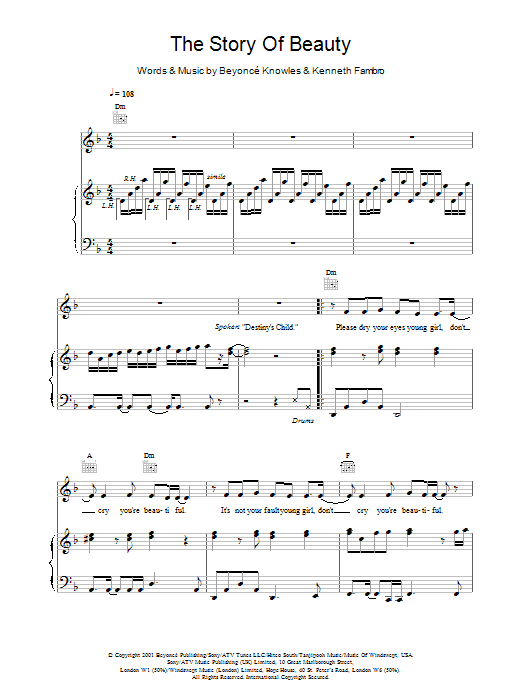 Learn to play Destiny's Child The Story Of Beauty sheet music for Piano, Vocal & Guitar Chords in minutes. Price: 7.8900$ Destiny's Child The Story Of Beauty sheet music notes and chords arranged for Piano, Vocal & Guitar Chords