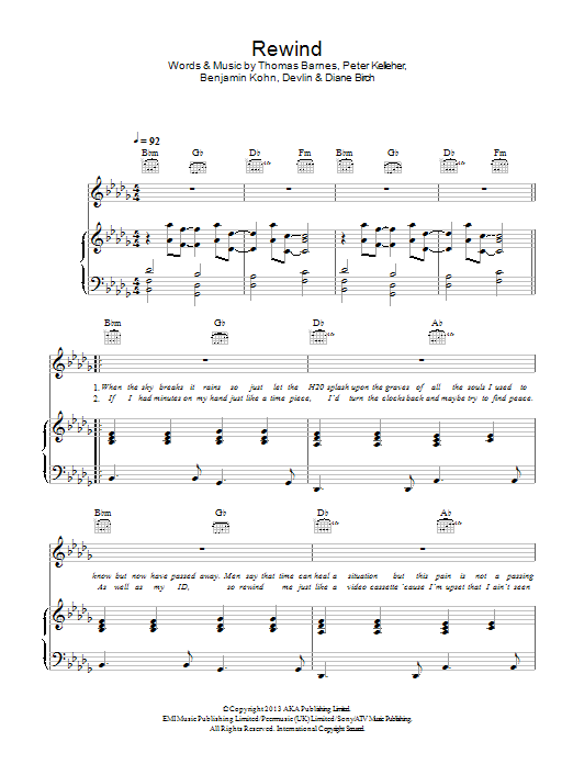 Learn to play Devlin Rewind (feat. Diane Birch) sheet music for Piano, Vocal & Guitar Chords in minutes. Price: 7.8900$ Devlin Rewind (feat. Diane Birch) sheet music notes and chords arranged for Piano, Vocal & Guitar Chords