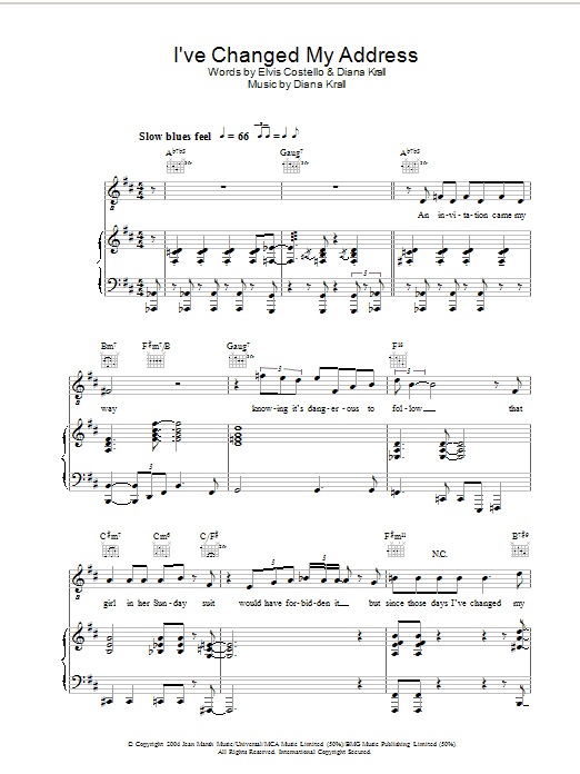 Learn to play Diana Krall I've Changed My Address sheet music for Piano, Vocal & Guitar Chords in minutes. Price: 7.8900$ Diana Krall I've Changed My Address sheet music notes and chords arranged for Piano, Vocal & Guitar Chords