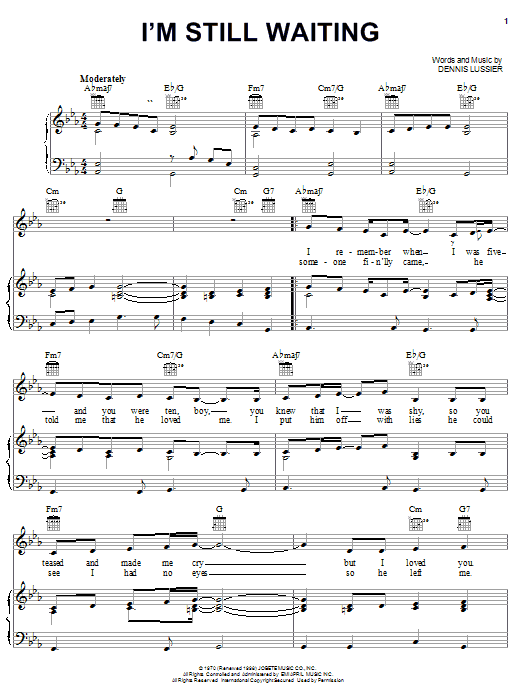 Learn to play Diana Ross I'm Still Waiting sheet music for Piano, Vocal & Guitar Chords (Right-Hand Melody) in minutes. Price: 7.8900$ Diana Ross I'm Still Waiting sheet music notes and chords arranged for Piano, Vocal & Guitar Chords (Right-Hand Melody)