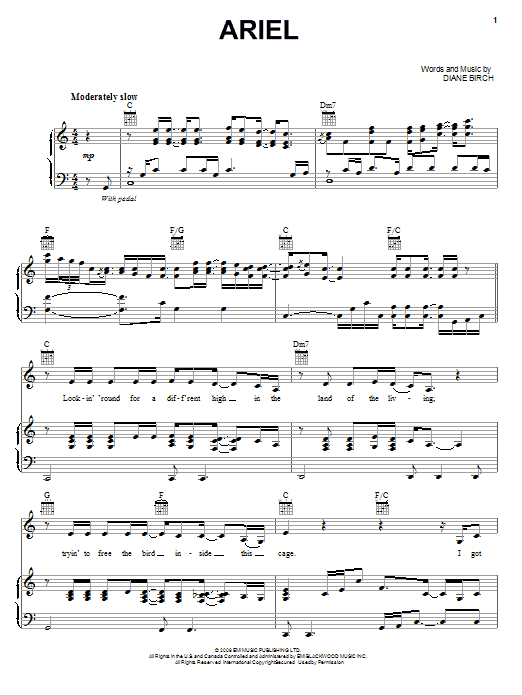 Learn to play Diane Birch Ariel sheet music for Piano, Vocal & Guitar Chords (Right-Hand Melody) in minutes. Price: 7.8900$ Diane Birch Ariel sheet music notes and chords arranged for Piano, Vocal & Guitar Chords (Right-Hand Melody)
