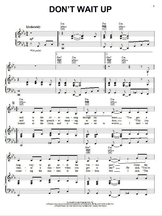 Learn to play Diane Birch Don't Wait Up sheet music for Piano, Vocal & Guitar Chords (Right-Hand Melody) in minutes. Price: 7.8900$ Diane Birch Don't Wait Up sheet music notes and chords arranged for Piano, Vocal & Guitar Chords (Right-Hand Melody)