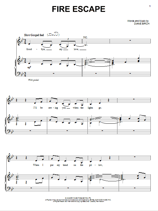 Learn to play Diane Birch Fire Escape sheet music for Piano, Vocal & Guitar Chords (Right-Hand Melody) in minutes. Price: 7.8900$ Diane Birch Fire Escape sheet music notes and chords arranged for Piano, Vocal & Guitar Chords (Right-Hand Melody)