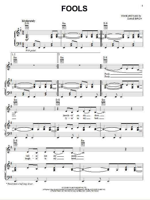 Learn to play Diane Birch Fools sheet music for Piano, Vocal & Guitar Chords (Right-Hand Melody) in minutes. Price: 7.8900$ Diane Birch Fools sheet music notes and chords arranged for Piano, Vocal & Guitar Chords (Right-Hand Melody)