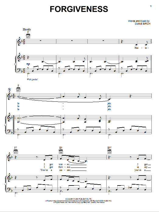 Learn to play Diane Birch Forgiveness sheet music for Piano, Vocal & Guitar Chords (Right-Hand Melody) in minutes. Price: 7.8900$ Diane Birch Forgiveness sheet music notes and chords arranged for Piano, Vocal & Guitar Chords (Right-Hand Melody)