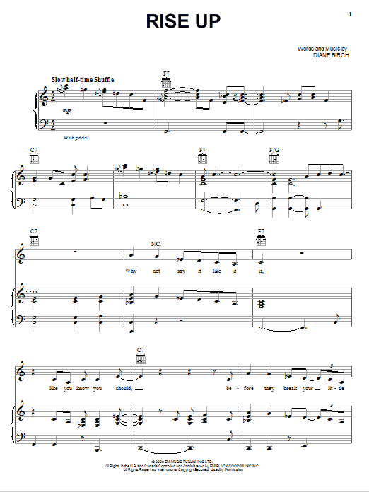 Learn to play Diane Birch Rise Up sheet music for Piano, Vocal & Guitar Chords (Right-Hand Melody) in minutes. Price: 7.8900$ Diane Birch Rise Up sheet music notes and chords arranged for Piano, Vocal & Guitar Chords (Right-Hand Melody)