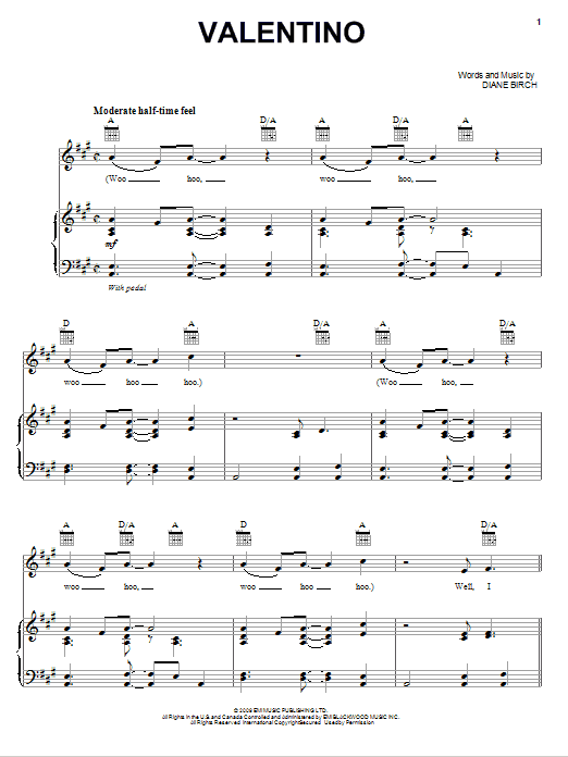 Learn to play Diane Birch Valentino sheet music for Piano, Vocal & Guitar Chords (Right-Hand Melody) in minutes. Price: 7.8900$ Diane Birch Valentino sheet music notes and chords arranged for Piano, Vocal & Guitar Chords (Right-Hand Melody)