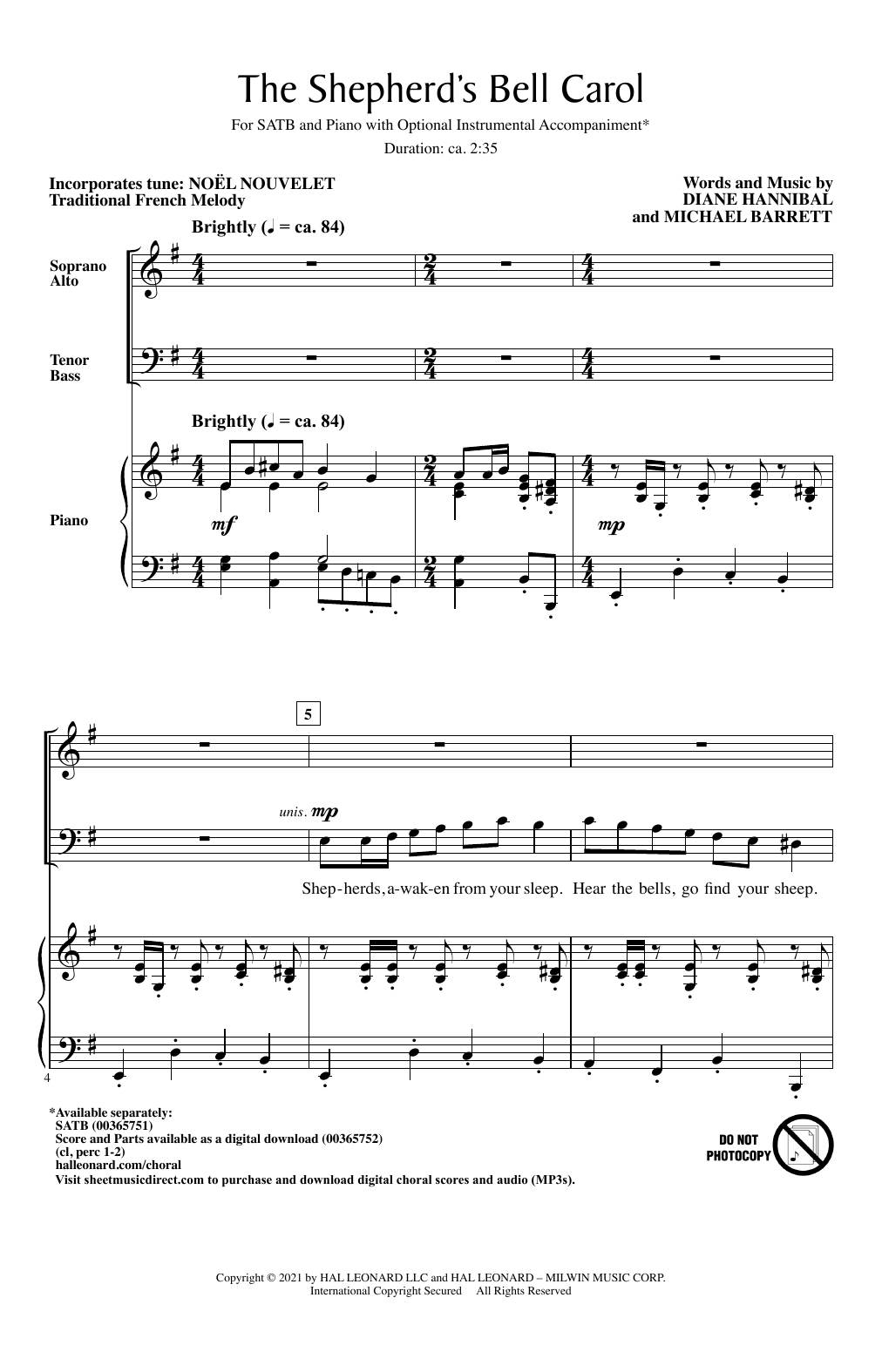 Diane Hannibal and Michael Barrett The Shepherd's Bell Carol sheet music notes and chords. Download Printable PDF.