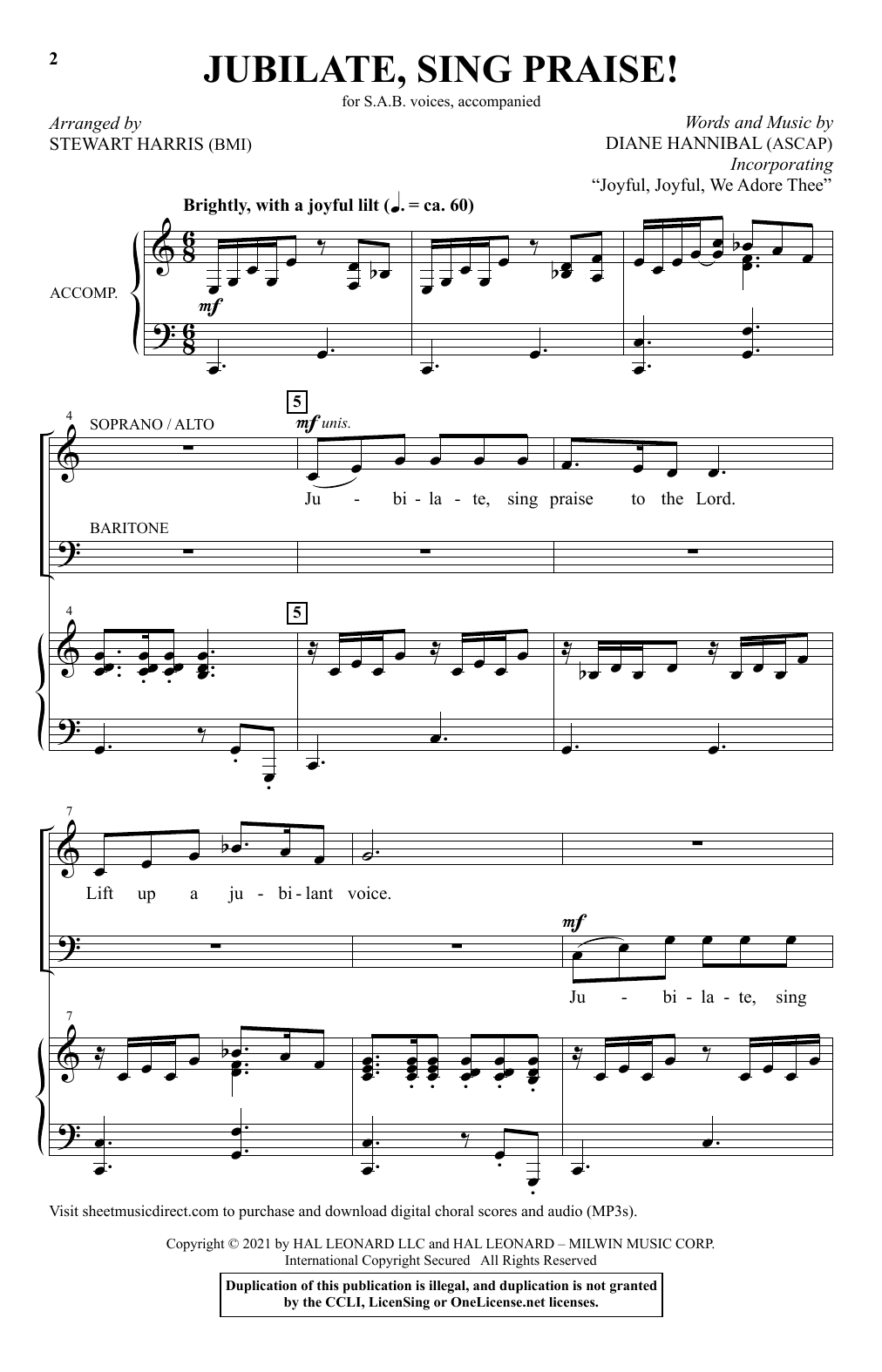 Learn to play Diane Hannibal Jubilate, Sing Praise! (arr. Stewart Harris) sheet music for SAB Choir in minutes. Price: 3.9900$ Diane Hannibal Jubilate, Sing Praise! (arr. Stewart Harris) sheet music notes and chords arranged for SAB Choir