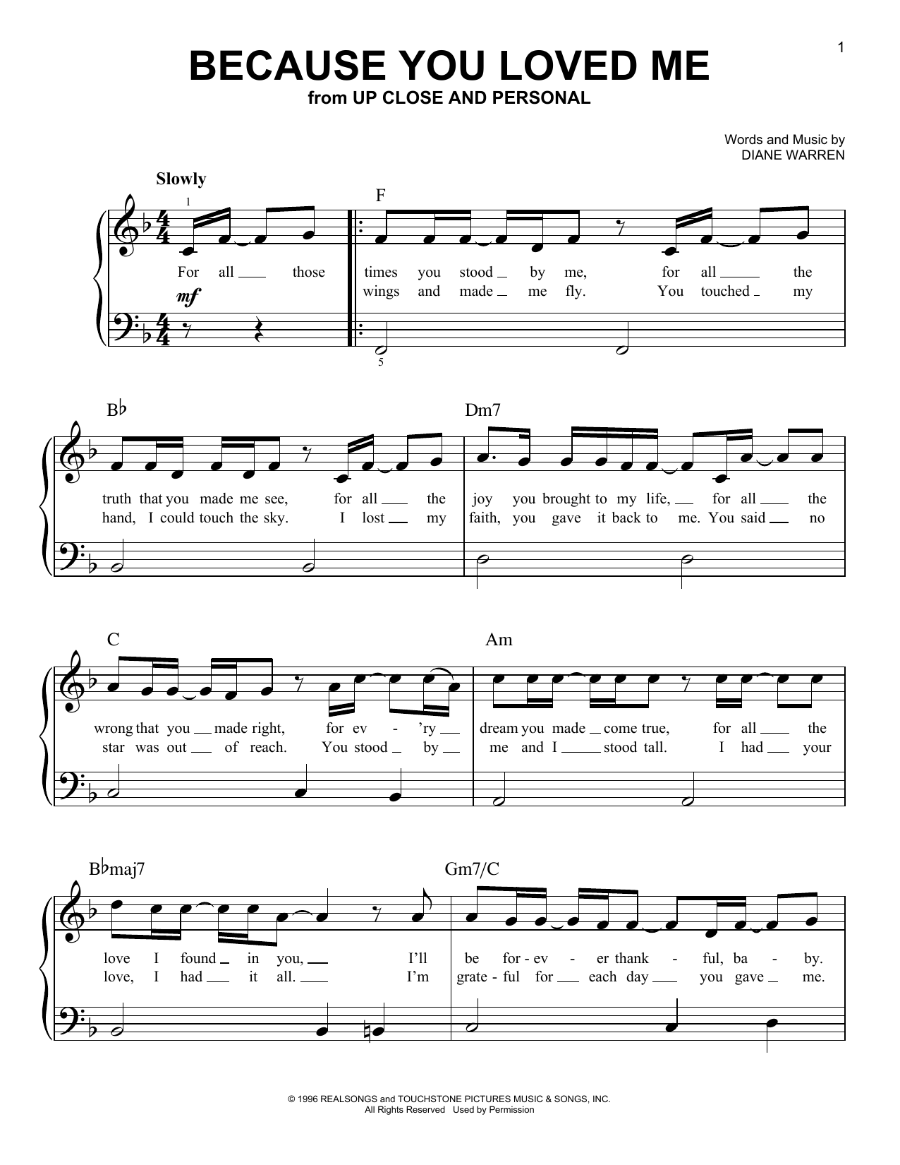 Diane Warren Because You Loved Me sheet music notes and chords. Download Printable PDF.