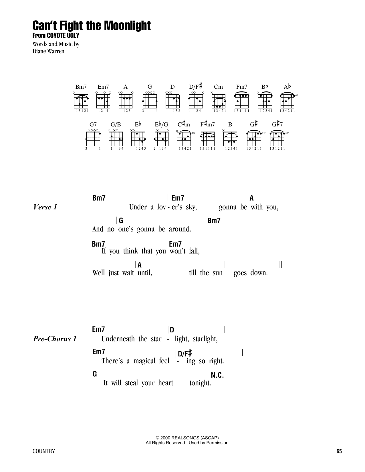 Diane Warren Can't Fight The Moonlight sheet music notes and chords. Download Printable PDF.