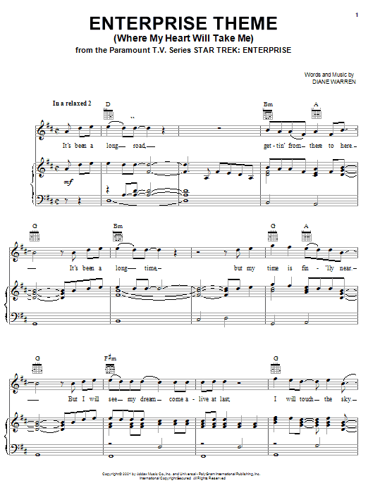Learn to play Diane Warren Enterprise Theme (Where My Heart Will Take Me) sheet music for Piano, Vocal & Guitar Chords (Right-Hand Melody) in minutes. Price: 7.8900$ Diane Warren Enterprise Theme (Where My Heart Will Take Me) sheet music notes and chords arranged for Piano, Vocal & Guitar Chords (Right-Hand Melody)