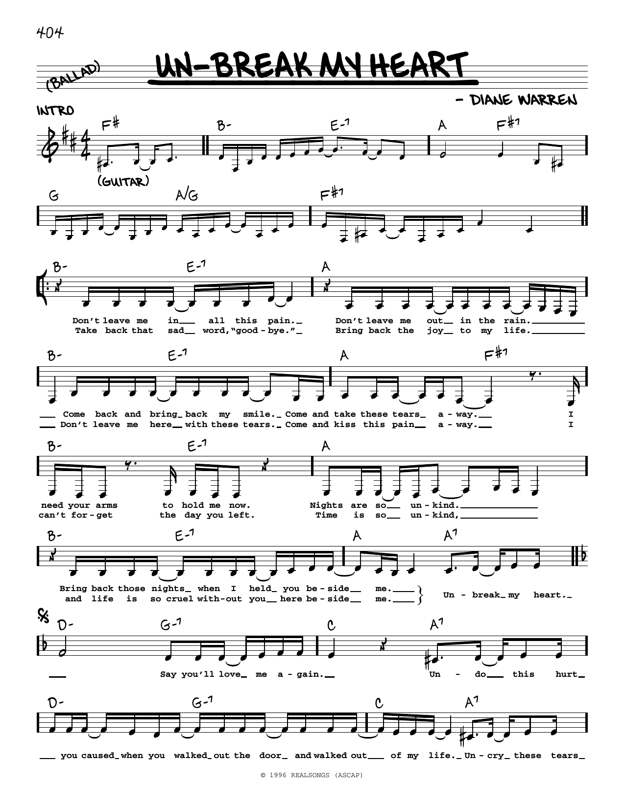 Learn to play Diane Warren Un-break My Heart sheet music for Real Book – Melody, Lyrics & Chords in minutes. Price: 5.9900$ Diane Warren Un-break My Heart sheet music notes and chords arranged for Real Book – Melody, Lyrics & Chords