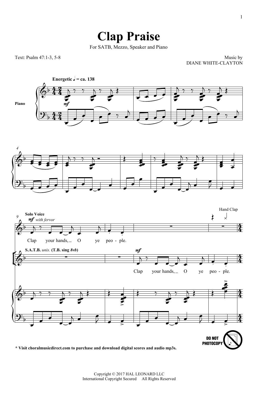 Learn to play Diane White-Clayton Clap Praise sheet music for SSAA Choir in minutes. Price: 3.9900$ Diane White-Clayton Clap Praise sheet music notes and chords arranged for SSAA Choir