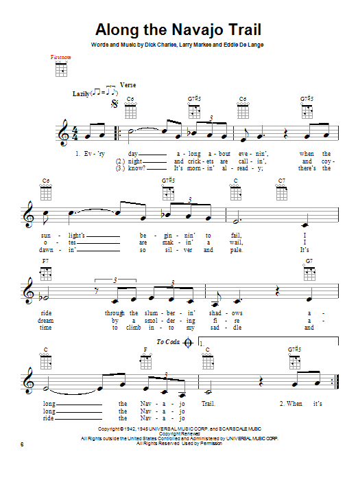 Learn to play Dick Charles Along The Navajo Trail sheet music for Ukulele in minutes. Price: 5.9900$ Dick Charles Along The Navajo Trail sheet music notes and chords arranged for Ukulele