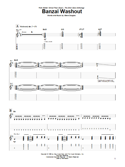 Learn to play Dick Dale Banzai Washout sheet music for Guitar Tab in minutes. Price: 7.8900$ Dick Dale Banzai Washout sheet music notes and chords arranged for Guitar Tab