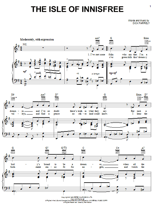 Dick Farrely The Isle Of Innisfree sheet music notes and chords arranged for Piano, Vocal & Guitar Chords (Right-Hand Melody)