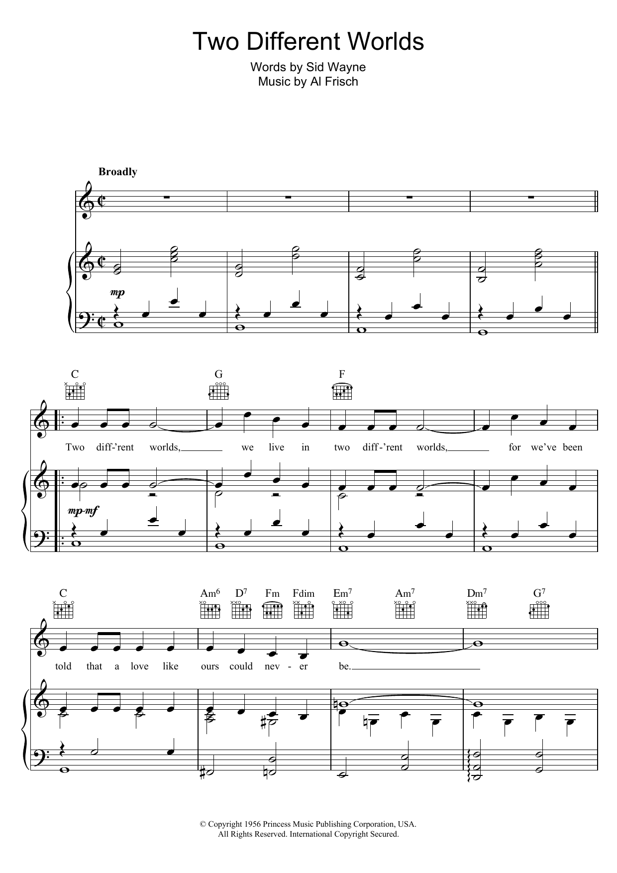 Learn to play Dick Haymes Two Different Worlds sheet music for Piano, Vocal & Guitar Chords in minutes. Price: 7.8900$ Dick Haymes Two Different Worlds sheet music notes and chords arranged for Piano, Vocal & Guitar Chords