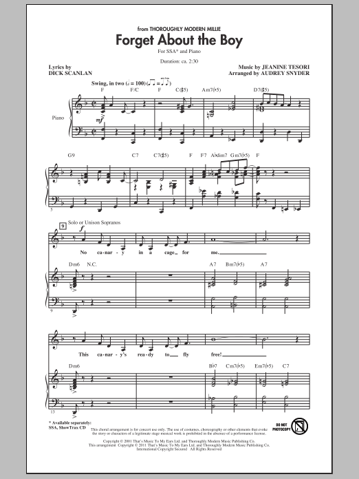 Learn to play Dick Scanlan Forget About The Boy (arr. Audrey Snyder) sheet music for SSA Choir in minutes. Price: 3.9900$ Dick Scanlan Forget About The Boy (arr. Audrey Snyder) sheet music notes and chords arranged for SSA Choir