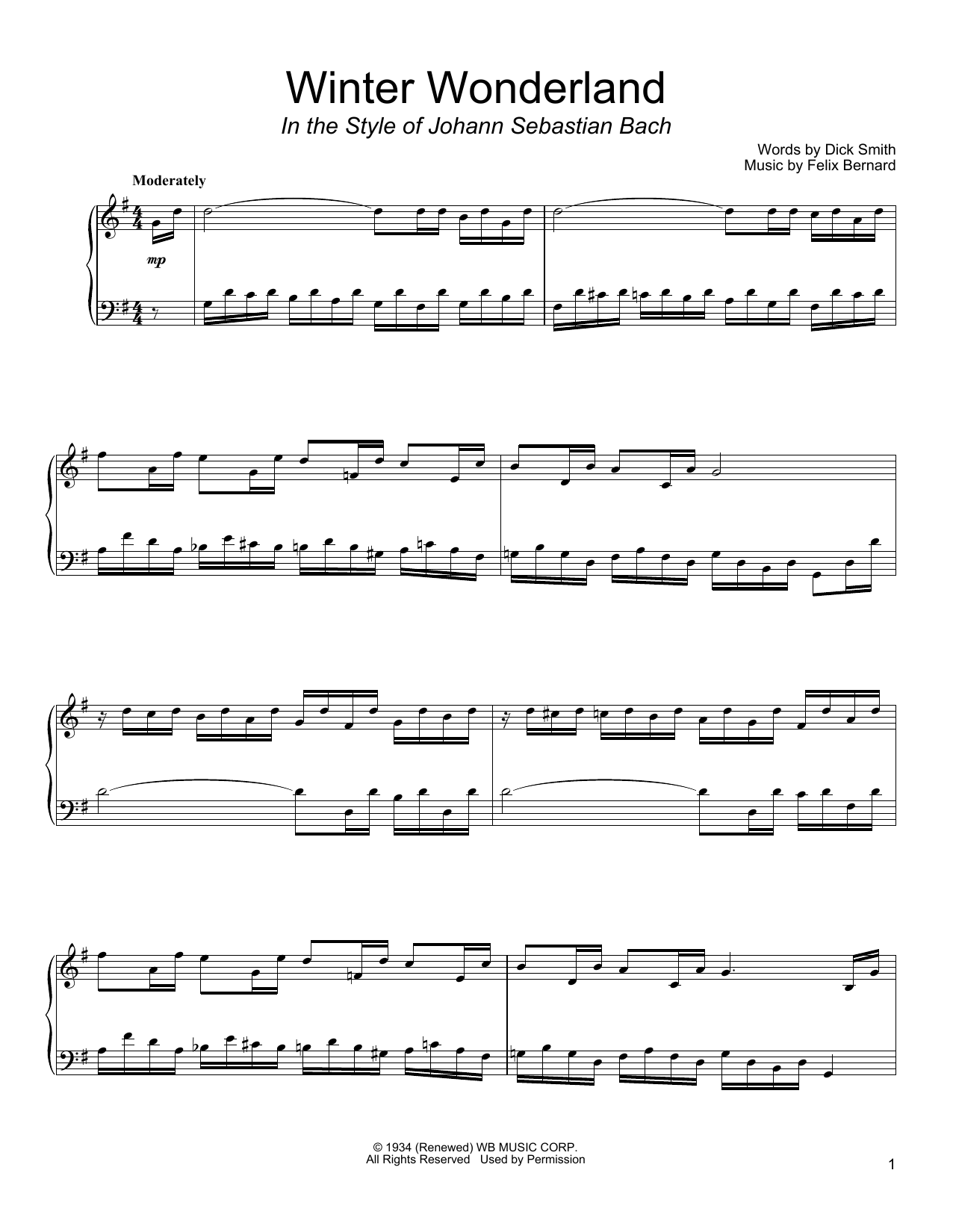 Dick Smith Winter Wonderland (in the style of J.S. Bach) sheet music notes and chords arranged for Piano Solo