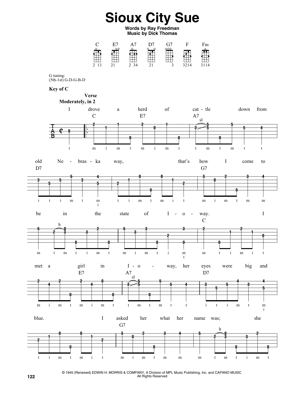 Learn to play Dick Thomas Sioux City Sue sheet music for Banjo Tab in minutes. Price: 7.8900$ Dick Thomas Sioux City Sue sheet music notes and chords arranged for Banjo Tab