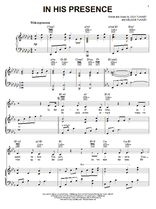 Learn to play Dick & Mel Tunney In His Presence sheet music for Piano, Vocal & Guitar Chords (Right-Hand Melody) in minutes. Price: 7.8900$ Dick & Mel Tunney In His Presence sheet music notes and chords arranged for Piano, Vocal & Guitar Chords (Right-Hand Melody)