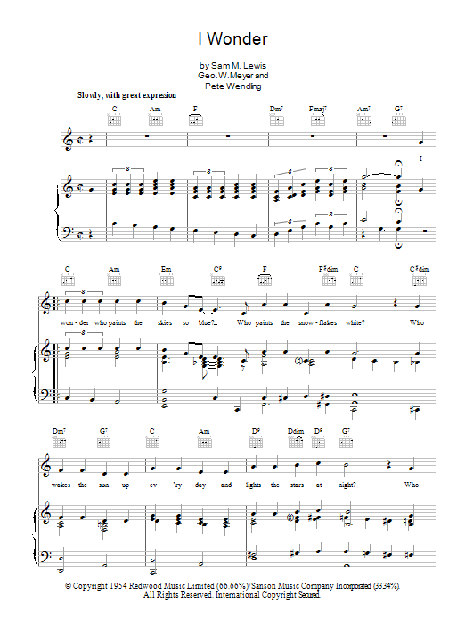 Learn to play Dickie Valentine I Wonder sheet music for Piano, Vocal & Guitar Chords in minutes. Price: 7.8900$ Dickie Valentine I Wonder sheet music notes and chords arranged for Piano, Vocal & Guitar Chords