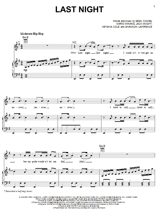 Learn to play Diddy featuring Keyshia Cole Last Night sheet music for Piano, Vocal & Guitar Chords (Right-Hand Melody) in minutes. Price: 7.8900$ Diddy featuring Keyshia Cole Last Night sheet music notes and chords arranged for Piano, Vocal & Guitar Chords (Right-Hand Melody)
