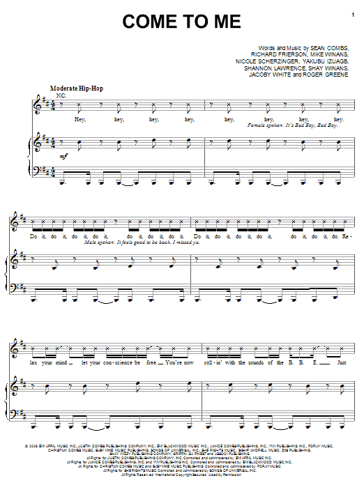 Learn to play P. Diddy Come To Me (feat. Nicole Scherzinger) sheet music for Piano, Vocal & Guitar Chords (Right-Hand Melody) in minutes. Price: 7.8900$ P. Diddy Come To Me (feat. Nicole Scherzinger) sheet music notes and chords arranged for Piano, Vocal & Guitar Chords (Right-Hand Melody)