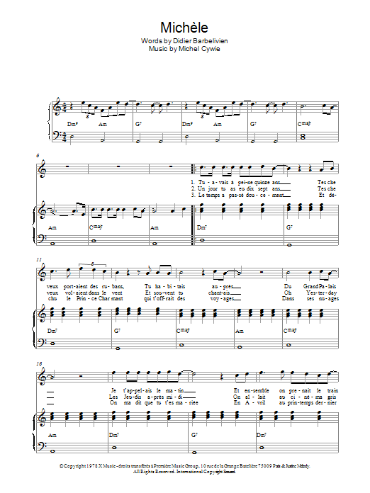Learn to play Didier Barbelivien Michele sheet music for Piano & Vocal in minutes. Price: 6.9900$ Didier Barbelivien Michele sheet music notes and chords arranged for Piano & Vocal