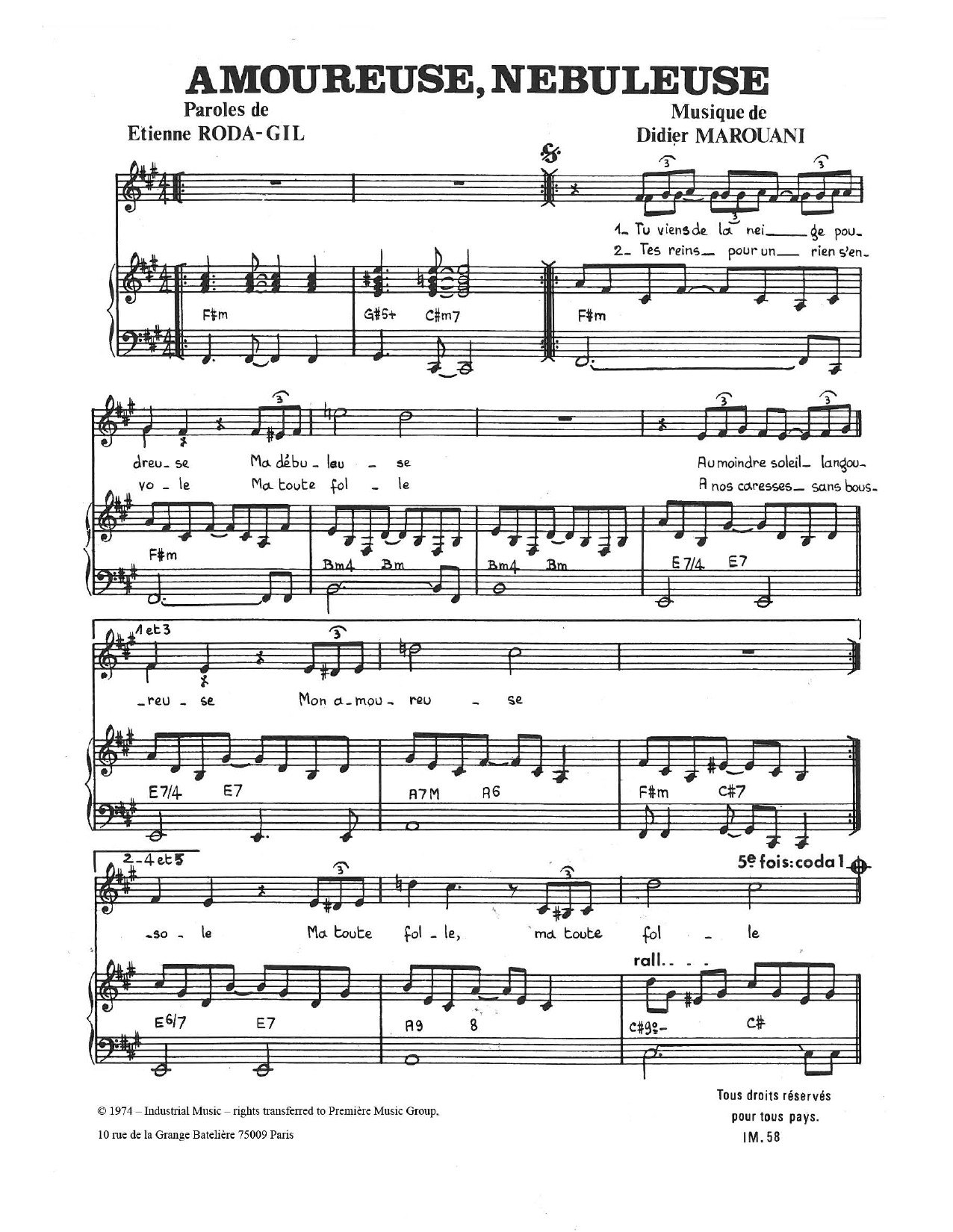 Learn to play Didier Marouani Amoureuse, Nebuleuse sheet music for Piano & Vocal in minutes. Price: 7.8900$ Didier Marouani Amoureuse, Nebuleuse sheet music notes and chords arranged for Piano & Vocal