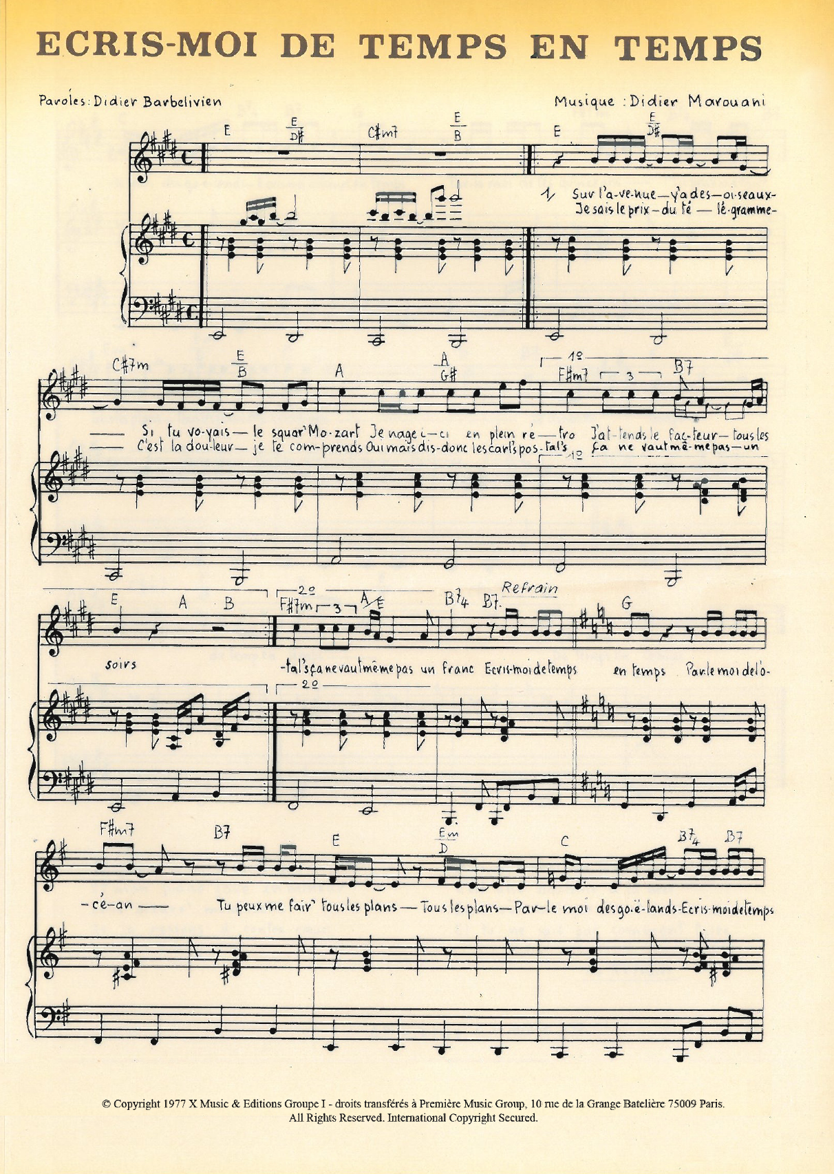 Learn to play Didier Marouani Ecris Moi De Temps En Temps sheet music for Piano & Vocal in minutes. Price: 7.8900$ Didier Marouani Ecris Moi De Temps En Temps sheet music notes and chords arranged for Piano & Vocal