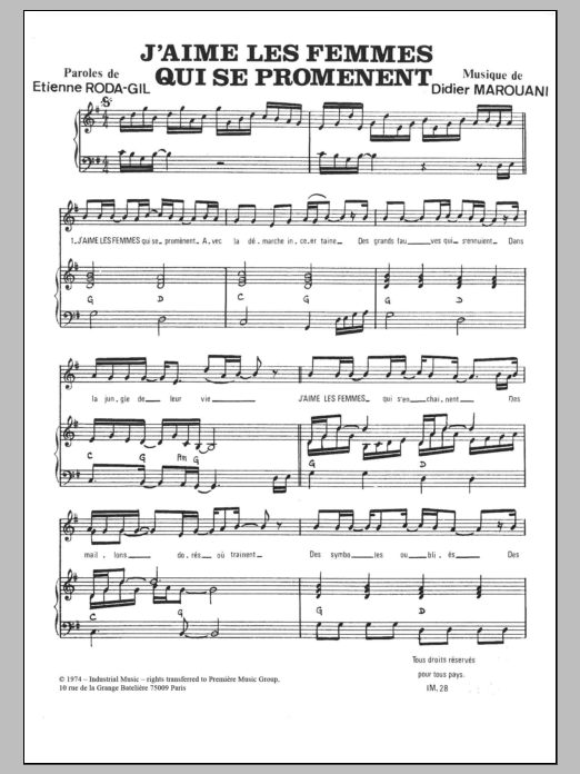 Learn to play Didier Marouani J'aimes Les Femmes Qui Se Promenent sheet music for Piano & Vocal in minutes. Price: 7.8900$ Didier Marouani J'aimes Les Femmes Qui Se Promenent sheet music notes and chords arranged for Piano & Vocal
