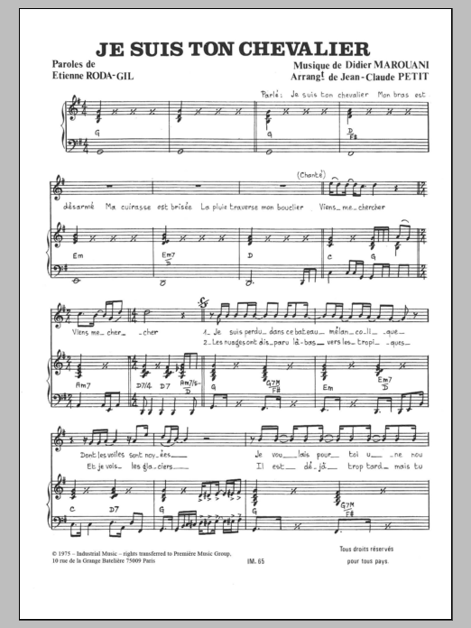 Learn to play Didier Marouani Je Suis Ton Chevalier sheet music for Piano & Vocal in minutes. Price: 7.8900$ Didier Marouani Je Suis Ton Chevalier sheet music notes and chords arranged for Piano & Vocal