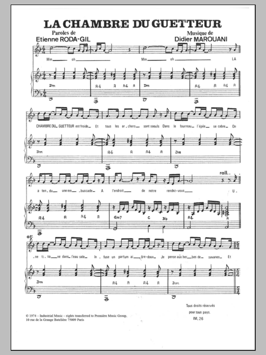 Learn to play Didier Marouani La Chambre Du Guetteur sheet music for Piano & Vocal in minutes. Price: 7.8900$ Didier Marouani La Chambre Du Guetteur sheet music notes and chords arranged for Piano & Vocal