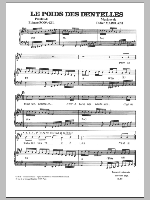 Learn to play Didier Marouani Le Poids Des Dentelles sheet music for Piano & Vocal in minutes. Price: 7.8900$ Didier Marouani Le Poids Des Dentelles sheet music notes and chords arranged for Piano & Vocal