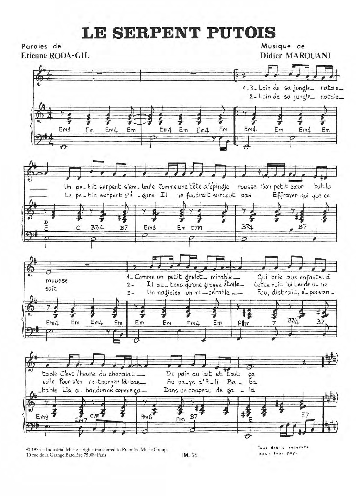 Learn to play Didier Marouani Le Serpent Putois sheet music for Piano & Vocal in minutes. Price: 7.8900$ Didier Marouani Le Serpent Putois sheet music notes and chords arranged for Piano & Vocal
