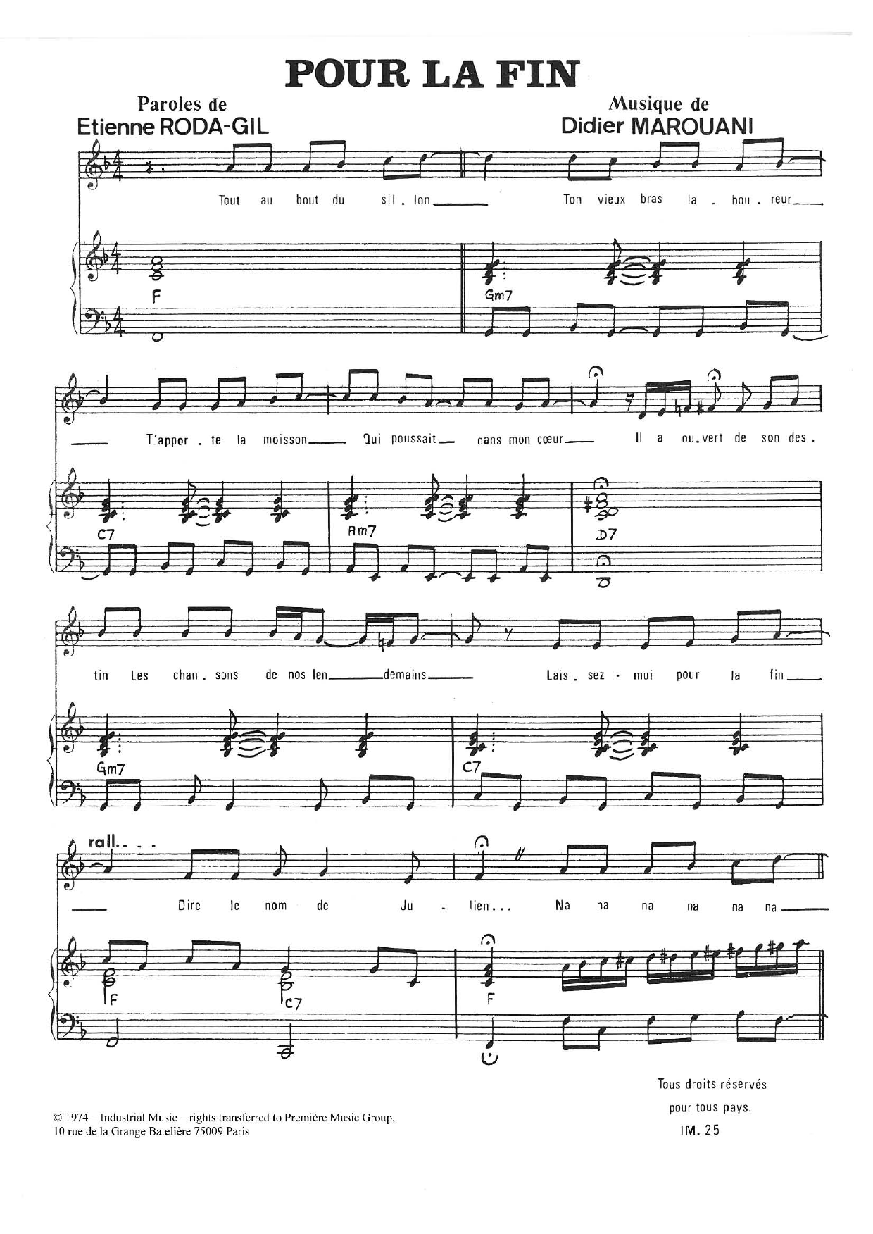 Didier Marouani Pour La Fin sheet music notes and chords arranged for Piano & Vocal