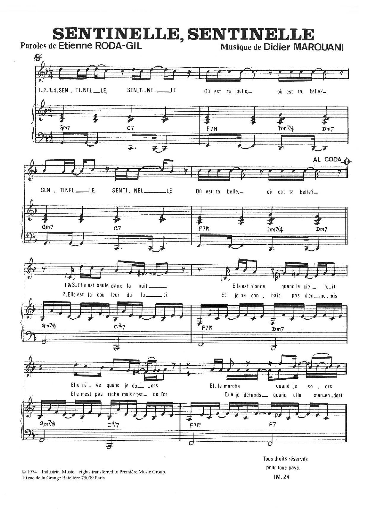 Learn to play Didier Marouani Sentinelle, Sentinelle sheet music for Piano & Vocal in minutes. Price: 7.8900$ Didier Marouani Sentinelle, Sentinelle sheet music notes and chords arranged for Piano & Vocal